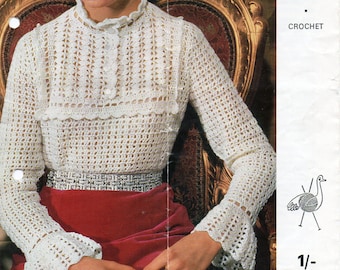 vintage Womens crochet blouse CROCHET PATTERN retro 70s ladies lacy Crochet top 34-38 inch 4Ply womens crochet pattern PDF Instant Download