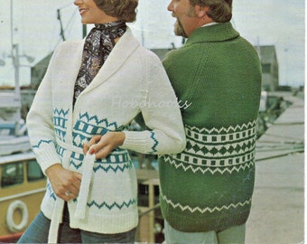 vintage womens mens fair isle jacket knitting pattern pdf long belted cardigan shawl collar 32-42" aran worsted 10ply pdf instant download