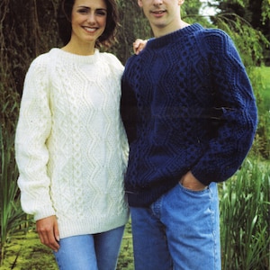 vintage womens mens aran sweater knitting pattern pdf ladies cable jumper crew neck 30-44 Inch aran worsted 10ply Instant Download