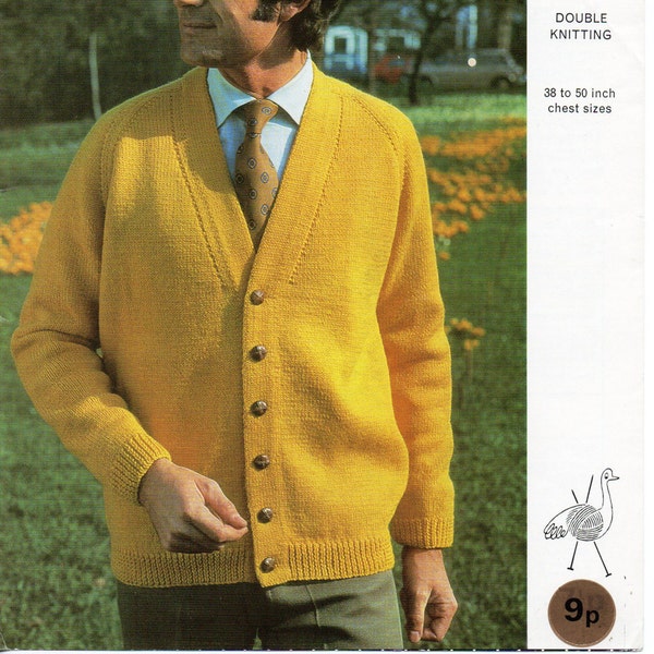 vintage mens classic v neck cardigan knitting pattern pdf mens jacket larger sizes 38-50" DK light worsted 8ply PDF Instant Download