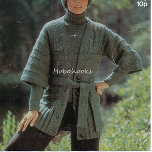 Vintage womens long belted cardigan polo neck sweater hat knitting pattern PDF ladies jacket jumper 34-38&quot; DK & Chunky PDF instant download