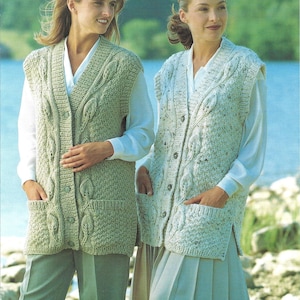 womens long waistcoat knitting pattern pdf ladies leaf pattern gilet vest 28-44&quot; chunky bulky 12ply pdf instant download