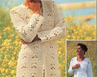 Womens Crochet Cardigan Pattern, long or short length 37-43"  (PDF Download)