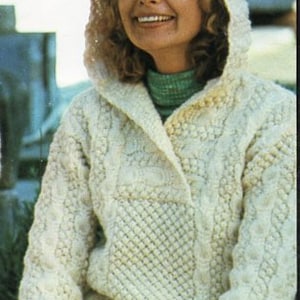 vintage womens hooded aran sweater knitting pattern pdf ladies cable jumper with hood 32-40&quot; aran worsted 10ply pdf instant download