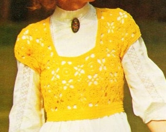 vintage womens crochet top crochet pattern pdf ladies crochet motif short sleeve top 34" cotton 4ply fingering pdf instant download