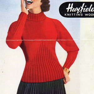 vintage womens sweater knitting pattern pdf ladies fitted jumper polo neck 32-40&quot; DK light worsted 8ply pdf instant download