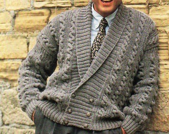 mens aran jacket knitting pattern PDF mens aran cardigan shawl collar double breasted 36-46" DK light worsted 8ply PDF instant download