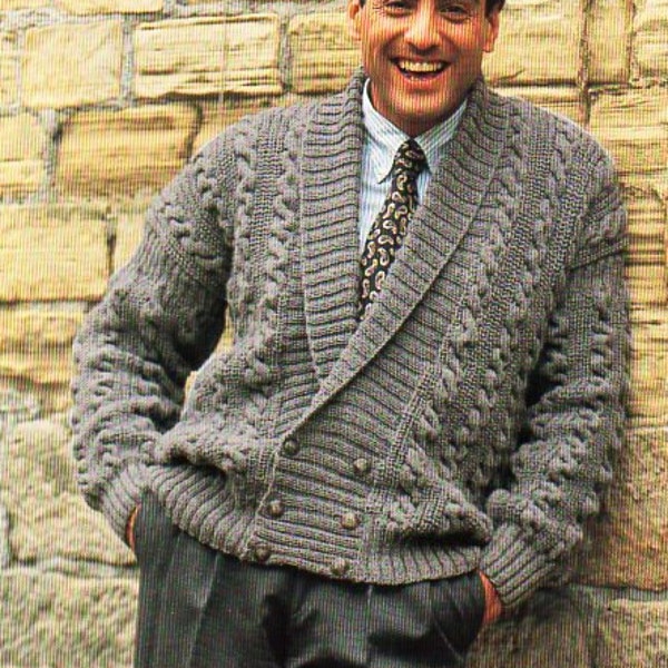 mens aran jacket knitting pattern PDF mens aran cardigan shawl collar double breasted 36-46" DK light worsted 8ply PDF instant download