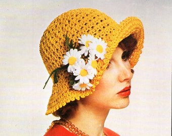 vintage womens crochet hat with brim crochet pattern pdf ladies crochet hat macrami cord pdf instant download