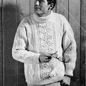 vintage mens aran sweater knitting pattern pdf mens polo neck cable jumper pullover 40-44&quot; aran worsted 10ply pdf instant download