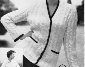 vintage womens cable cardigan knitting pattern pdf ladies jacket with collar 34-36" DK light worsted 8ply pdf instant download