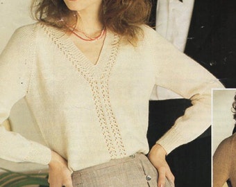 Lace Panel Sweater Knitting Pattern, V Neck Jumper (PDF Download)
