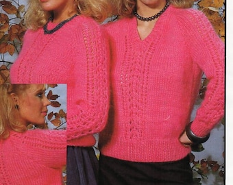 vintage womens sweater knitting pattern pdf ladies chunky jumper pattern panel v or round neck 28-42"chunky bulky 12ply pdf instant download