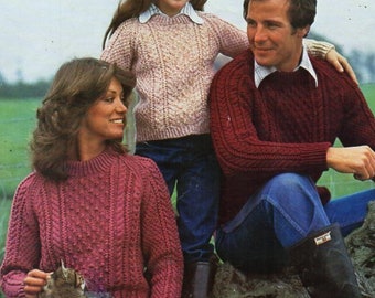 vintage aran sweater knitting pattern pdf womens mens childrens cable jumper 26-44" aran worsted 10ply pdf instant download