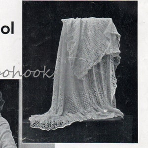 May include: A black and white image of a woman wearing a shawl and holding a crocheted scarf. The image also shows a crocheted shawl on a black background. The text "Real Shetland Wool Shawl" is at the top of the image. The text "Shoulder Wrap and Various Scarves" is at the bottom of the image. The text "Price Twopence" is in the bottom left corner of the image. The text "T.P.G. Series - Leaflet No. 21" is in the bottom right corner of the image.