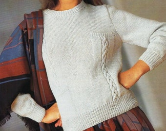 Womens Cable Knit Sweater Pattern, Round Neck Jumper (PDF Pattern)