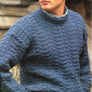 mens textured sweater knitting pattern pdf mens crew neck cable jumper 34-42" aran worsted 10ply pdf instant download