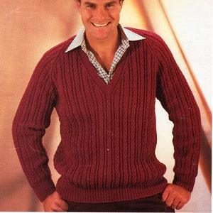 vintage mens rib sweater knitting pattern pdf mens ribbed v neck jumper raglan 34-46&quot; DK light worsted 8ply pdf instant download