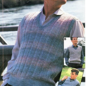 May include: A blue and white striped knitted waistcoat with a v-neck. The waistcoat is shown on a model wearing a white shirt and black trousers. The image also shows two other models wearing the same waistcoat in different poses. The text "3 LOOKS FROM ONE DESIGN" is visible at the top of the image.