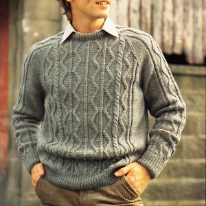 vintage mens cable sweater knitting pattern pdf mens cable jumper 34-46&quot; DK light worsted 8ply pdf instant download