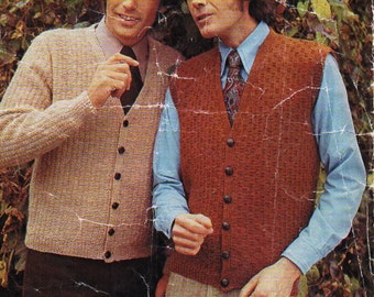 Vintage mens 4ply / DK cardigan waistcoat knitting pattern pdf patterned jacket v neck 36-46" 4 ply DK 8 ply light worsted Instant download
