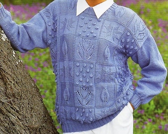 womens sweater knitting pattern pdf DK womens patchwork leaf flower jumper one size to 45 inch DK light worsted 8ply pdf instant Download