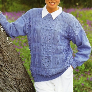 womens sweater knitting pattern pdf DK womens patchwork leaf flower jumper one size to 45 inch DK light worsted 8ply pdf instant Download