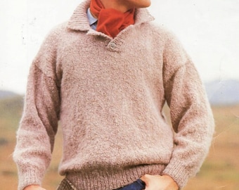 Vintage Mens Polo Sweater Knitting Pattern, Aran Worsted (32-44 inch) (PDF Pattern)