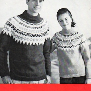 vintage womens mens fair isle sweater knitting pattern pdf ladies fairisle yoke jumper 28-42&quot; DK light worsted 8ply instant download