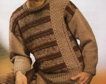 mens sweater knitting pattern PDF mens chunky cable panel jumper vintage 70s 36-46" chunky bulky 12ply instant download