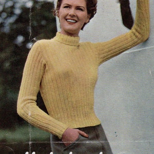 Vintage womens turtle neck sweater knitting pattern PDF ladies fitted ribbed polo neck jumper 1950s  32-34 inch 3Ply  PDF Instant Download