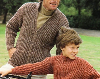Vintage mens ribbed zipper jacket knitting pattern pdf DK mans zipped cardigan bomber jacket 28-44" DK light worsted 8ply Instant Download