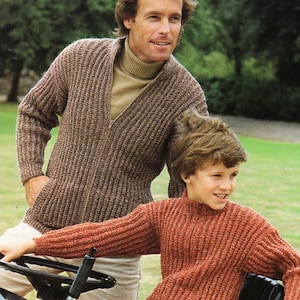 Vintage Mens Ribbed Knit Jacket Pattern, Zipped Cardigan (PDF Download)