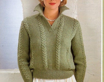ladies knitting pattern pdf download ladies sweater knitting pattern womens sweater cable panel jumper collar 32-38" DK light worsted 8ply