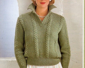 ladies knitting pattern pdf download ladies sweater knitting pattern womens sweater cable panel jumper collar 32-38&quot; DK light worsted 8ply