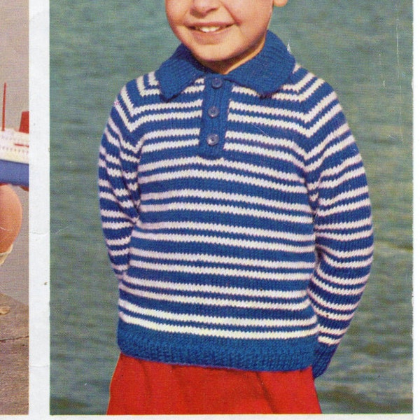 vintage childrens striped polo shirt sweater knitting pattern pdf boys v neck cable jumper 22-26" DK light worsted 8ply instant download
