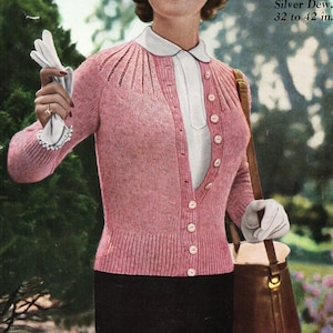 Vintage womens 4ply cardigan knitting pattern PDF womens round yoke fitted jacket 32-42" 4 ply pdf instant download