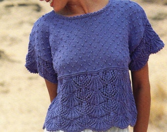 womens top knitting pattern pdf ladies short sleeve sweater lacy top scallop edge 30-40" Cotton DK light Worsted 8Ply pdf instant download