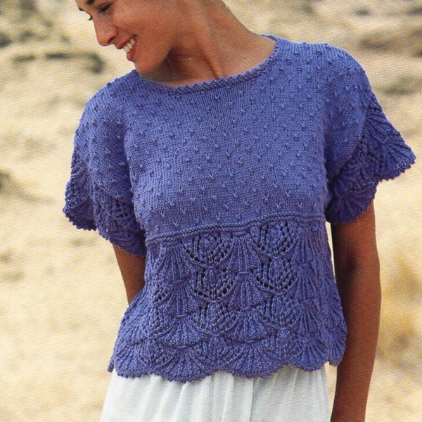 womens top knitting pattern pdf ladies short sleeve sweater lacy top scallop edge 30-40" Cotton DK light Worsted 8Ply pdf instant download