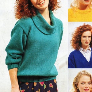 May include: A woman wearing a teal green sweater with a cowl neck and a patterned skirt. The image also shows three other women wearing different colored sweaters: yellow, blue, and red. The sweaters are all knitwear.