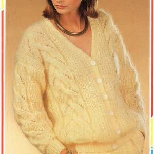 ladies mohair cardigan knitting pattern pdf womens chunky mohair cable jacket Vintage 32-44 inch mohair chunky bulky 12ply Instant download
