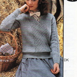 vintage womens sweater knitting pattern pdf ladies lace panel v neck jumper 32-42&quot; DK light worsted 8 ply pdf instant download