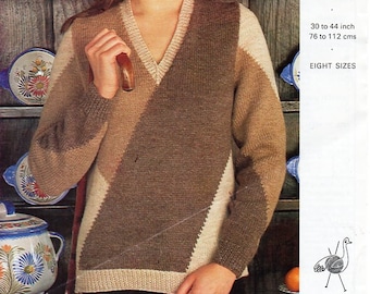 vintage womens patchwork sweater knitting pattern pdf DK ladies jumper pullover v neck 30-44" DK light worsted 8ply pdf instant download