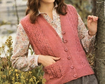 womens waistcoat knitting pattern PDF 4ply 0r DK ladies lace panel vest sleeveless cardigan 32-42 inch 4ply 8ply DK light worsted Download