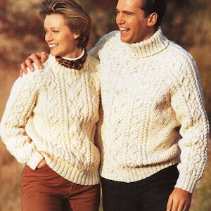womens mens aran sweater unisex knitting pattern pdf download ladies cable crew/ polo neck jumper 32-44&quot; aran worsted 10ply Instant Download