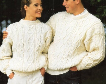ladies mens aran sweater knitting pattern PDF womens aran jumper crew neck cable sweater 30-46" aran worsted 10ply pdf instant download