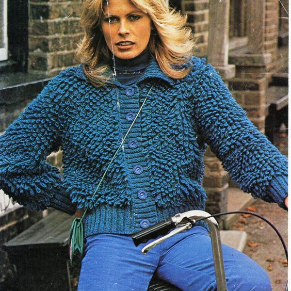 vintage womens loopy jacket knitting pattern pdf ladies loop stitch cardigan with collar 1970s 32-42" DK light worsted 8ply instant download