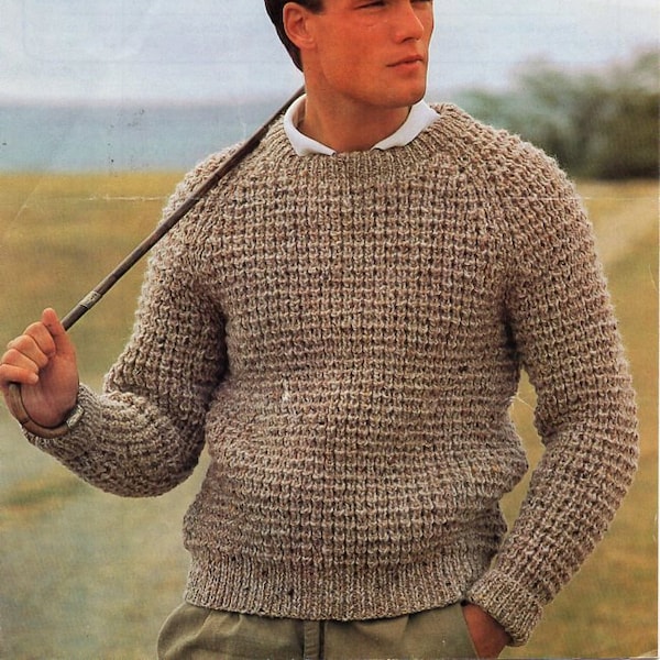 Vintage mens chunky ribbed sweater knitting pattern PDF bulky rib jumper crew neck 34-44 inch chunky bulky 12ply Instant Download