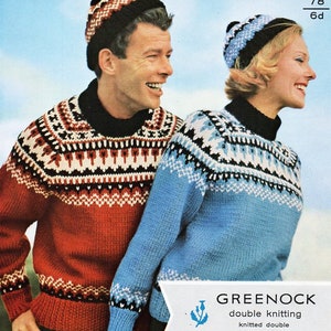 vintage womens mens fair isle sweater knitting pattern pdf ladies fairisle jumper hat 36-40&quot; DK light worsted 8ply pdf instant download