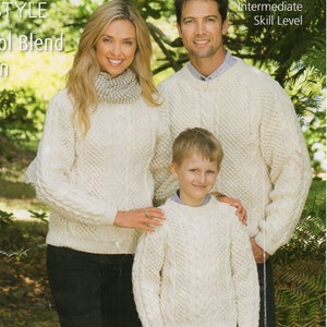 family aran sweater knitting pattern pdf womens mens childrens cable jumper crew neck 24-42&quot; aran worsted 10ply pdf instant download